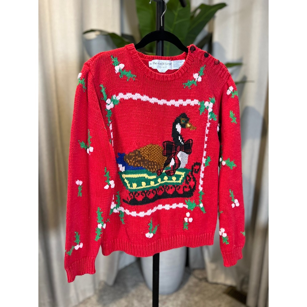 Vintage The Eagles Eye Hand Knit Christmas Goose Sleigh Sweater Red Womens M